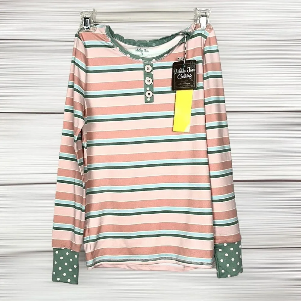 NWT Matilda Jane Cozy Soft Striped Polka Dot Pajamas Top Long Sleeve size 14